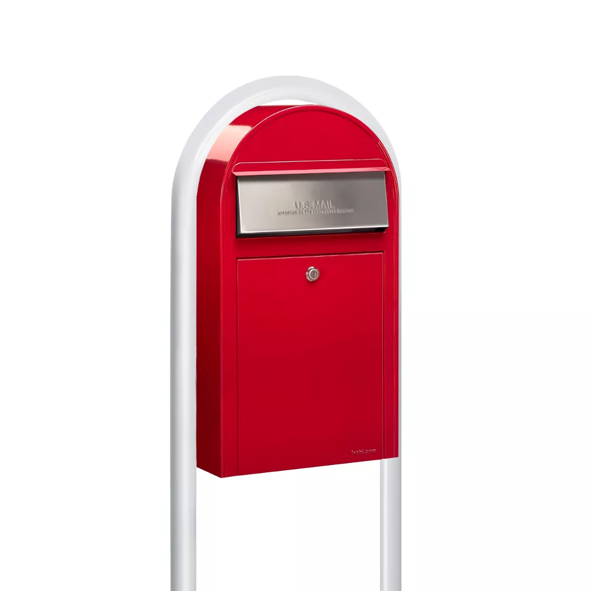 USPS Approved Bobi Grande Slim Front Access Modern Locking Red Mailbox with Stainless Steel Mail Slot and Round White Post Combo Product Image