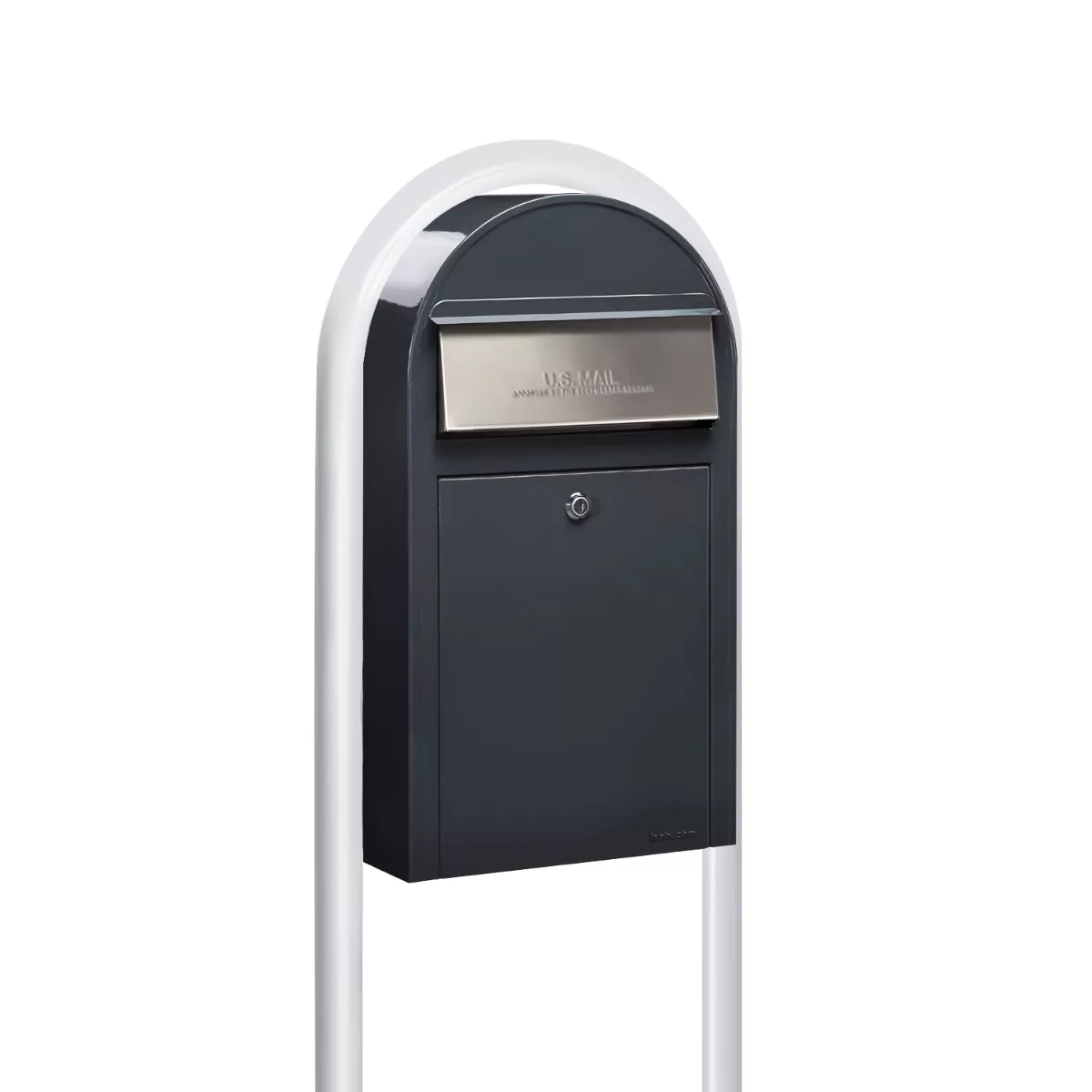 USPS Approved Bobi Grande Slim Front Access Modern Locking Grey Mailbox with Stainless Steel Mail Slot and Round White Post Combo Product Image
