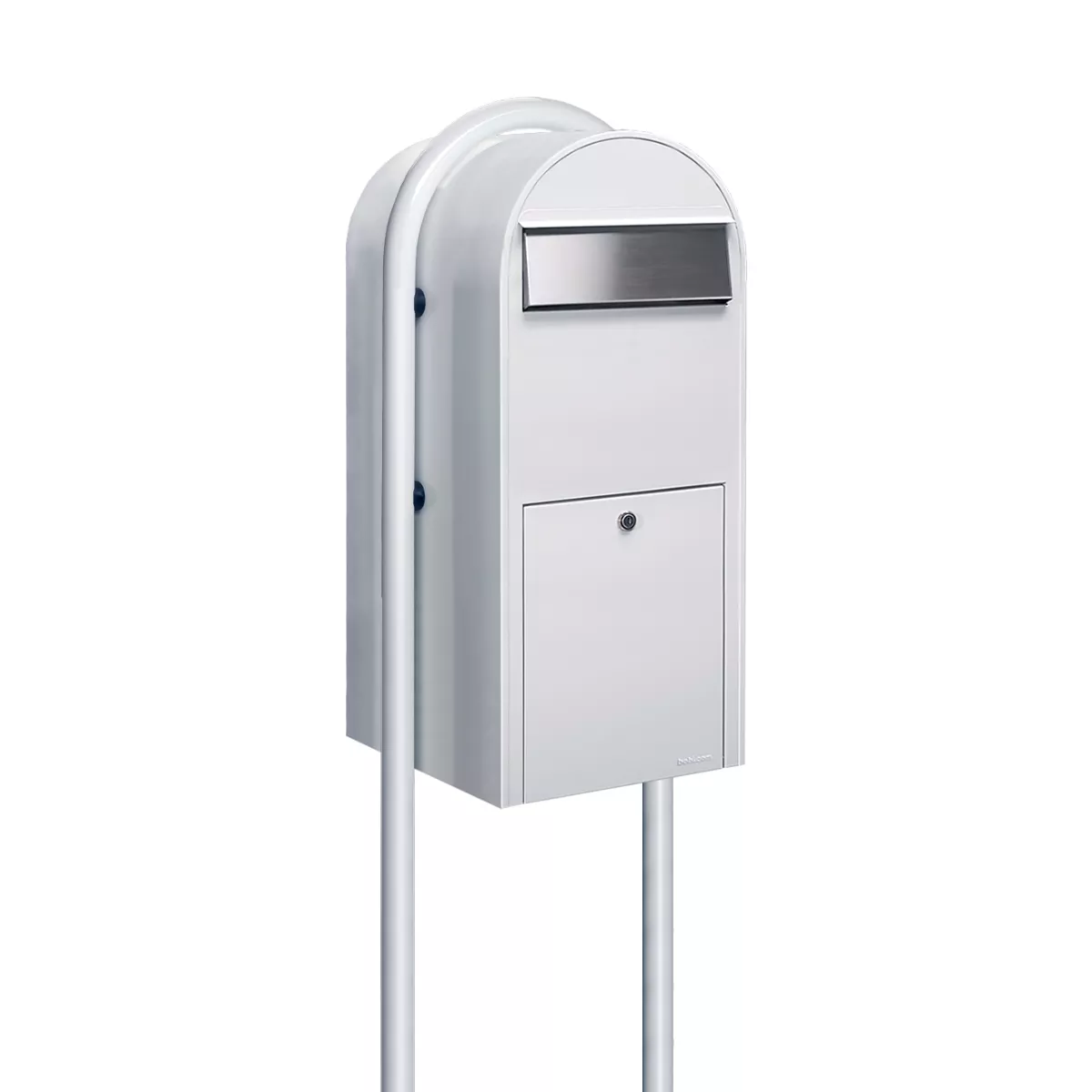 Bobi Jumbo Front Access Package White Mailbox with Stainless Steel Mail Slot and Round White Post Combo Product Image