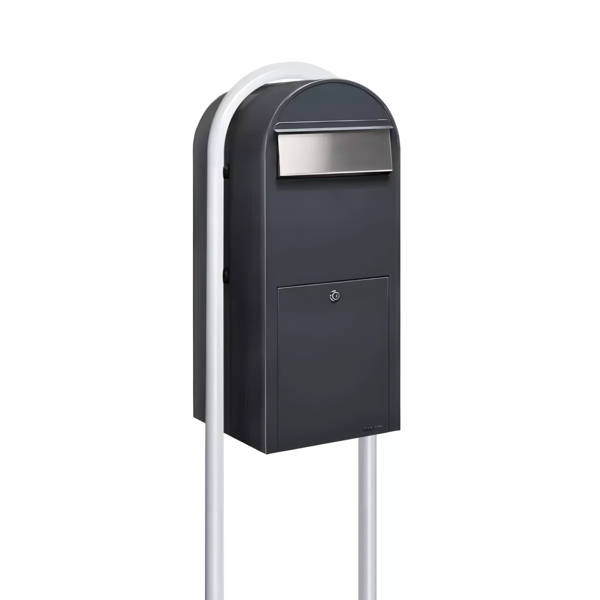 Bobi Jumbo Front Access Package Grey Mailbox with Stainless Steel Mail Slot and Round White Post Combo Product Image