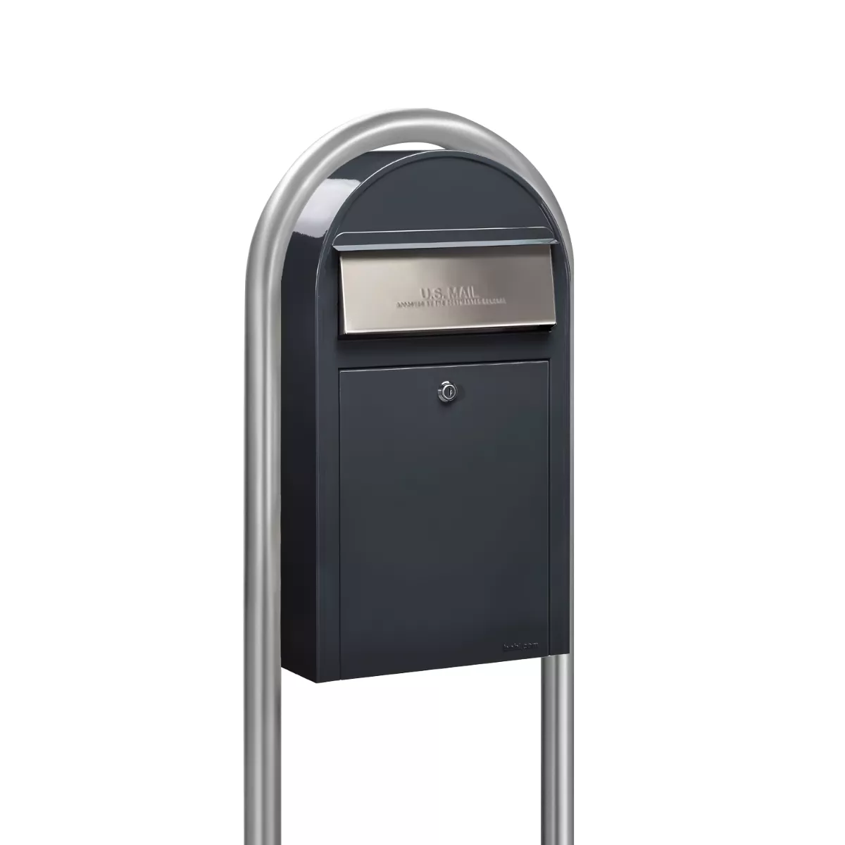 USPS Approved Bobi Grande Slim Front Access Modern Locking Grey Mailbox with Stainless Steel Mail Slot and Round Zinc Post Combo Product Image