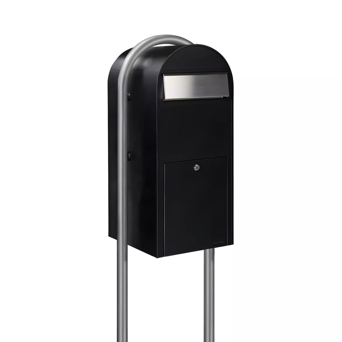 Bobi Jumbo Front Access Package Black Mailbox with Stainless Steel Mail Slot and Round Zinc Post Combo Product Image
