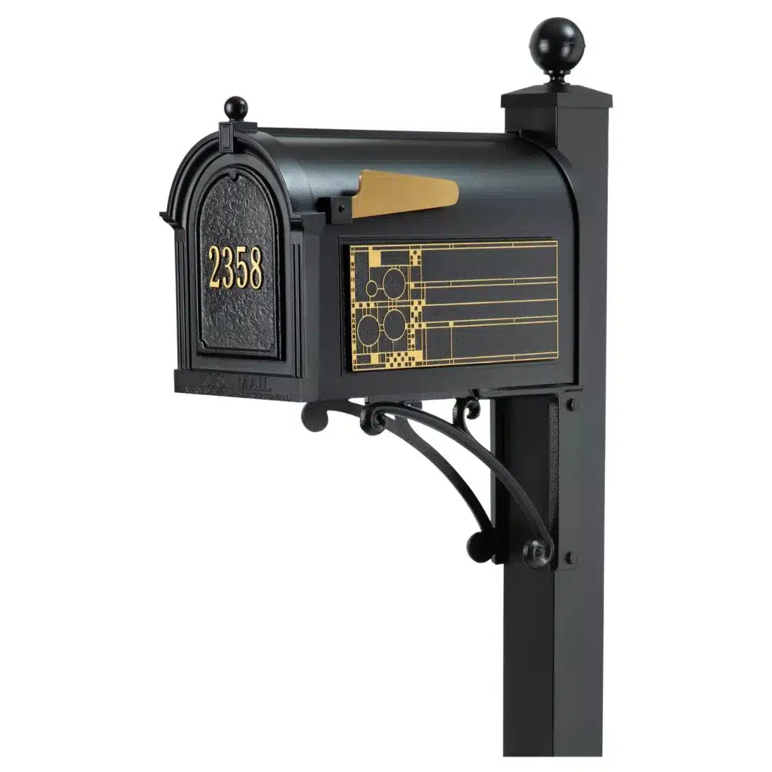 Whitehall Deluxe Mailbox Frank Lloyd Wright Coonley Package #1 (Capitol Mailbox, Deluxe Post, Personalized Door, Non-Personalized Coonley Side Plaques) Product Image