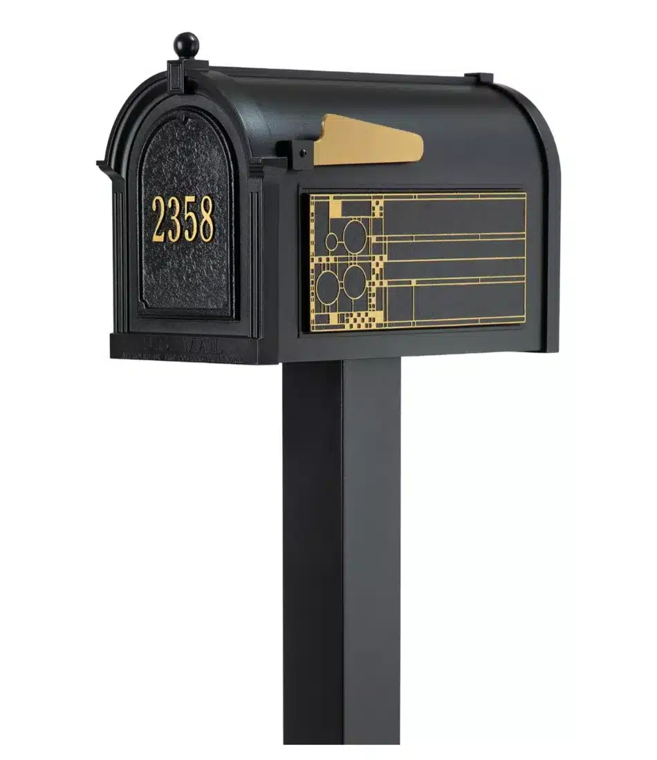 Whitehall Premium Mailbox Frank Lloyd Wright Coonley Package #1 (Capitol Mailbox, Standard Post, Personalized Door, Non-Personalized Coonley Side Plaques) Product Image